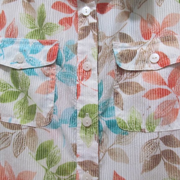 Alfred Dunner Top Shirt Blouse Short Sleeve Button Down Blue Green Orange Leaves - Picture 5 of 14